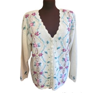 VINTAGE CARDIGAN SWEATER, KNIT FLORAL TRIM GEOMETRIC, VINE DETAILS; DISTINCTIONS